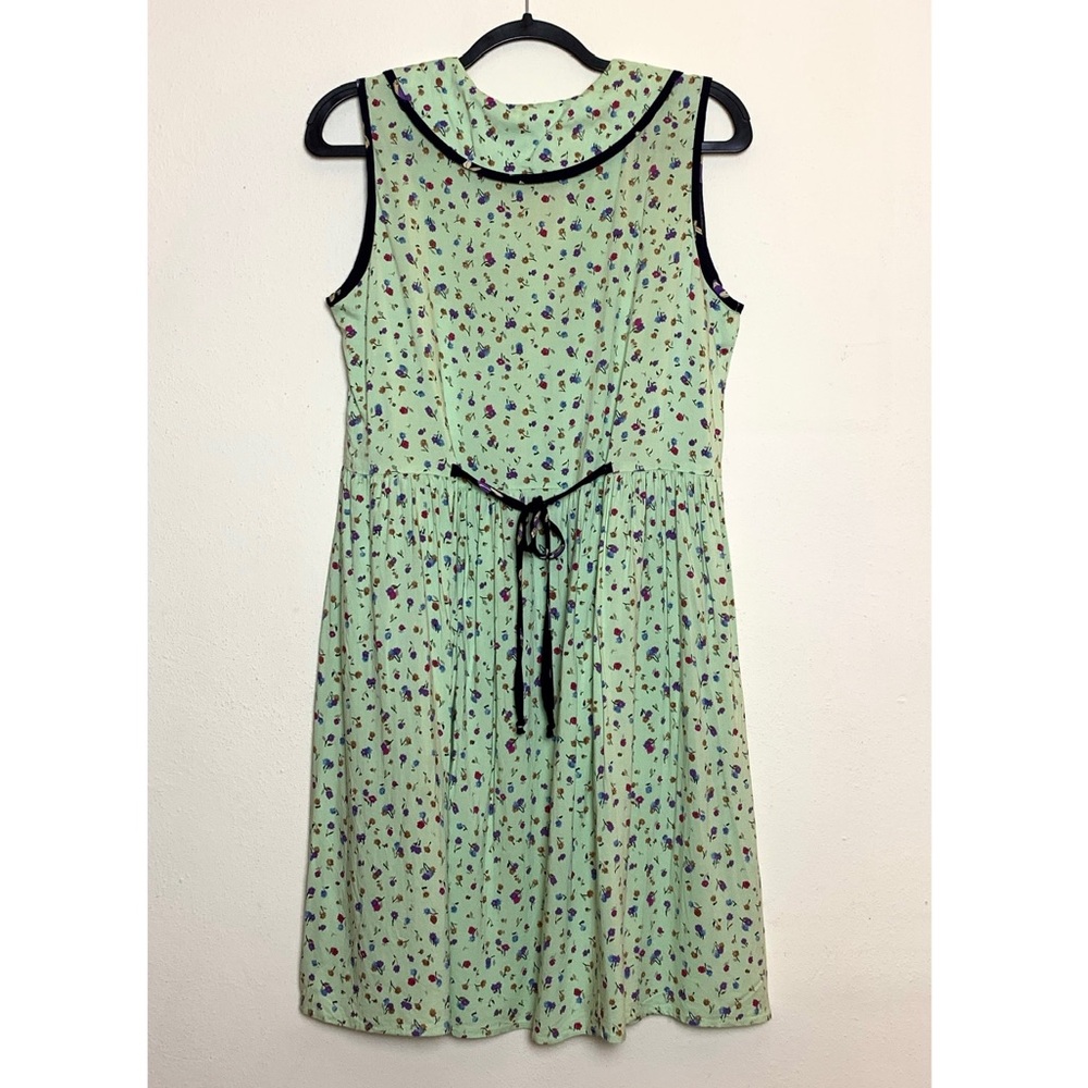 Vintage 1980s light green floral sleeveless collared dress size L - Picture 5 of 15